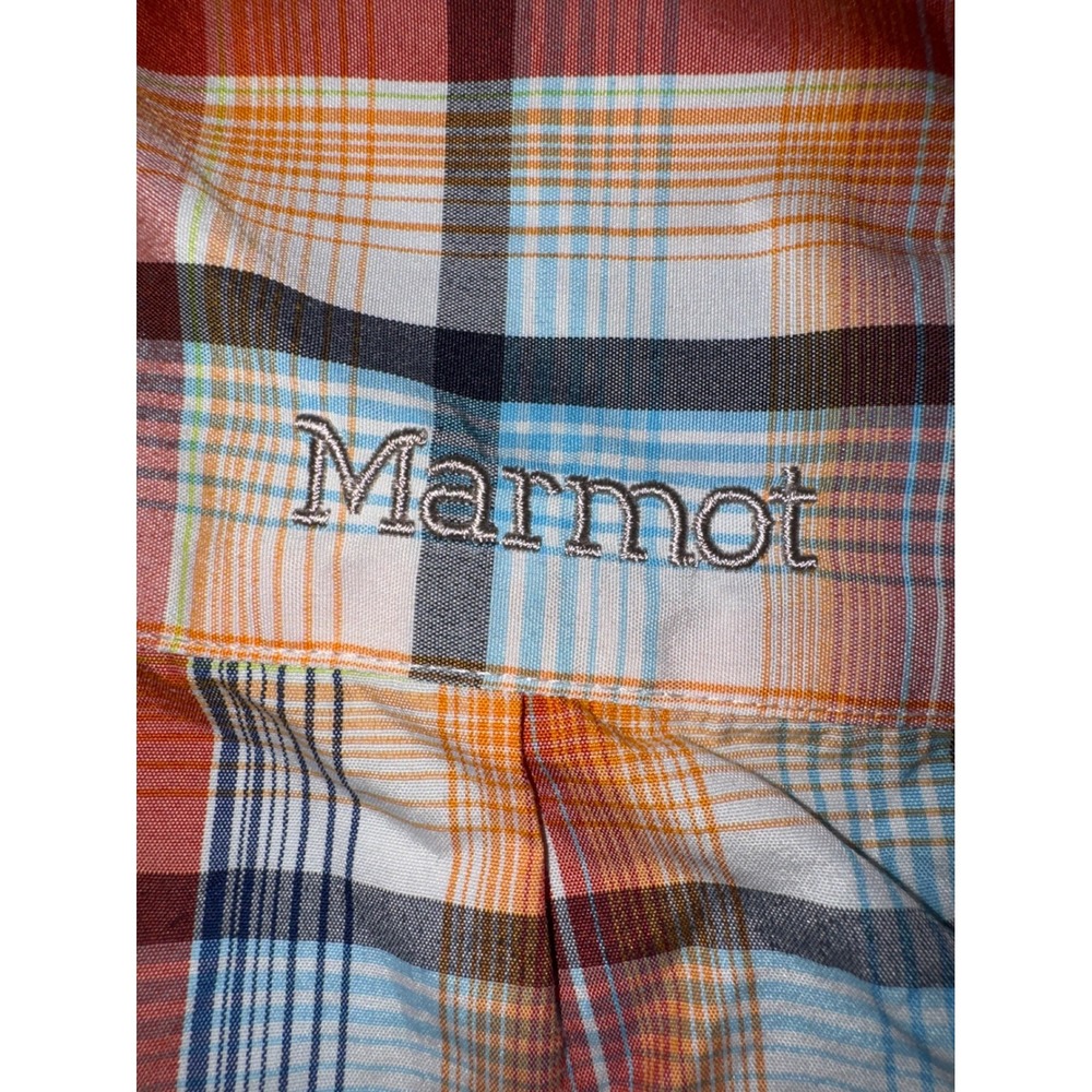 Marmot Mens Small Orange Blue Plaid Short Sleeve Button Down Hiking Shirt - Picture 4 of 6